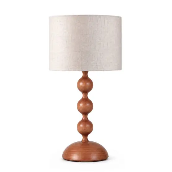 abajur laguna plug design luminária de mesa esferas de madeira e cúpula de tecido linho ideal para quarto e sala
