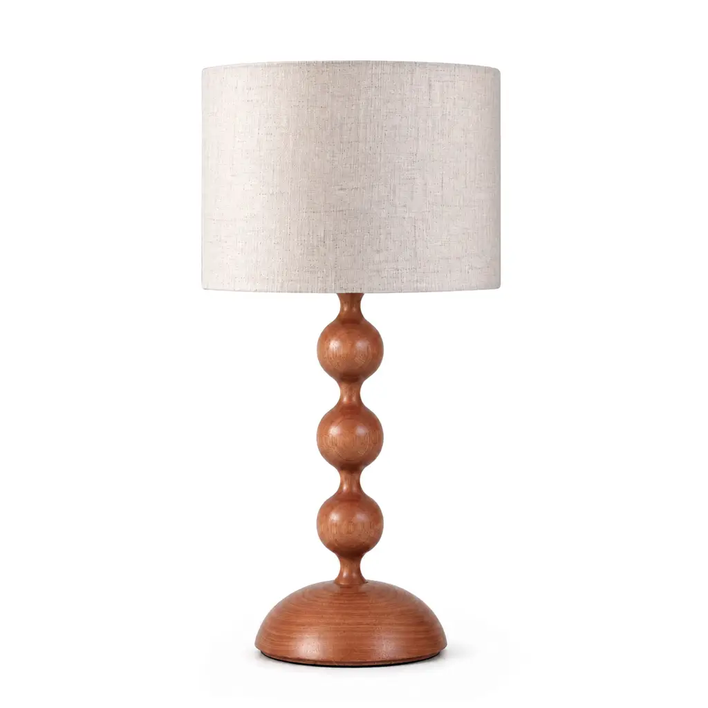 abajur laguna plug design luminária de mesa esferas de madeira e cúpula de tecido linho ideal para quarto e sala